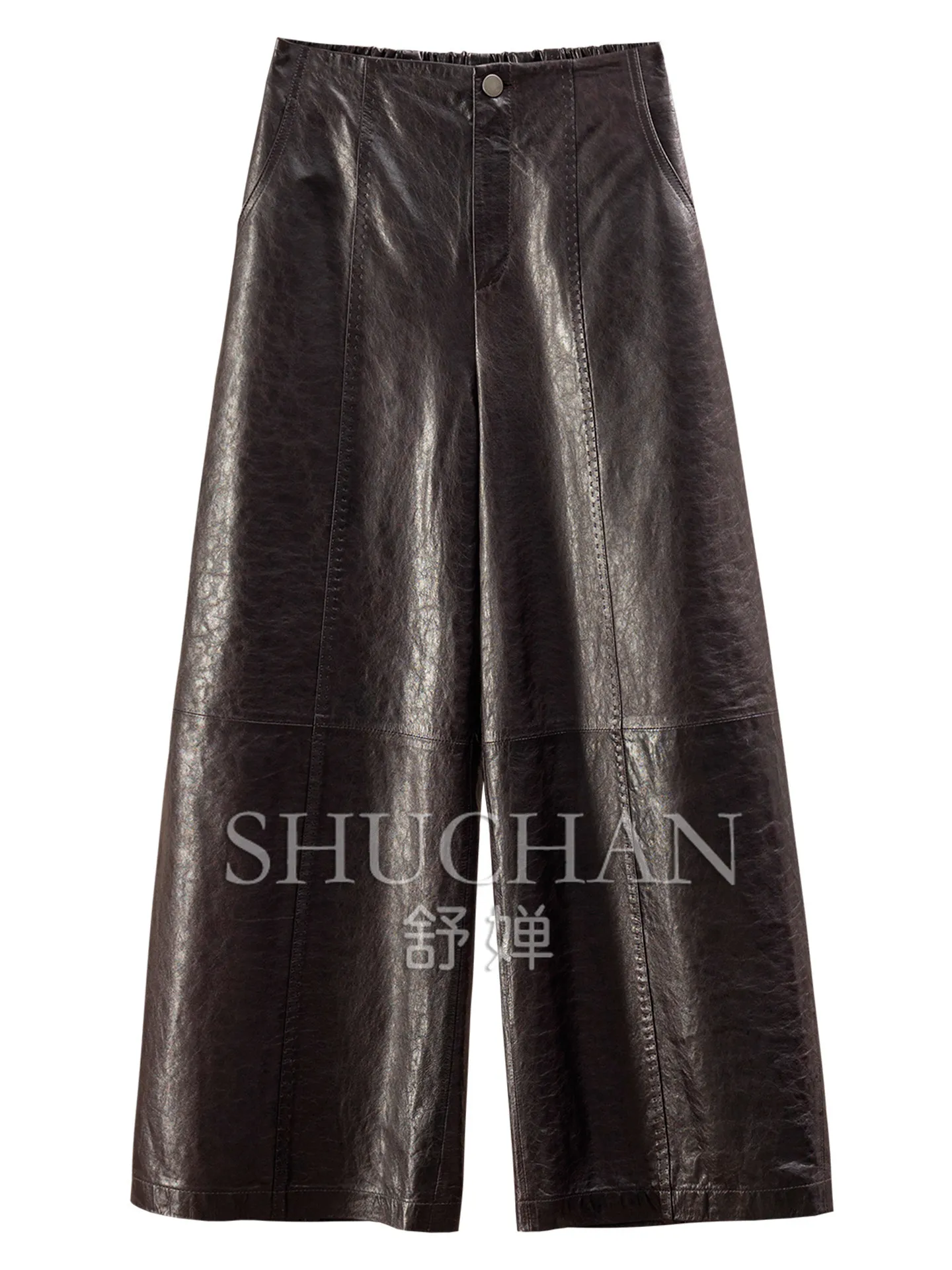 Retro Soft, Italian Vertical Cut Oil Wax Vegetable Tanned Sheepskin Wide-leg Nine-point Pants Women's 71J4