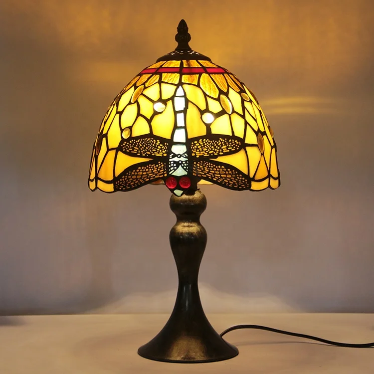 8-Inch  Style Dragonfly Dome Table Lamp Handmade Stained Glass AC Vintage Zinc Alloy Base Home Use