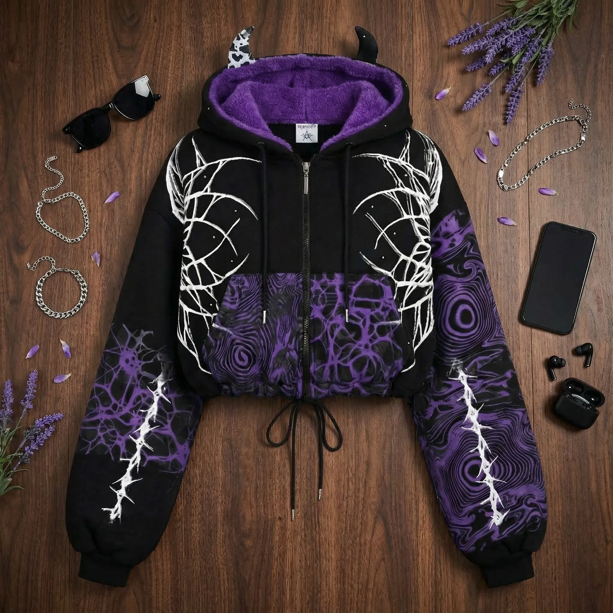 Sudadera gótica con capucha de cuerno del diablo para mujer, ropa Y2K ajustada con gráfico morado, jersey corto de gran tamaño, chaqueta informal de manga larga