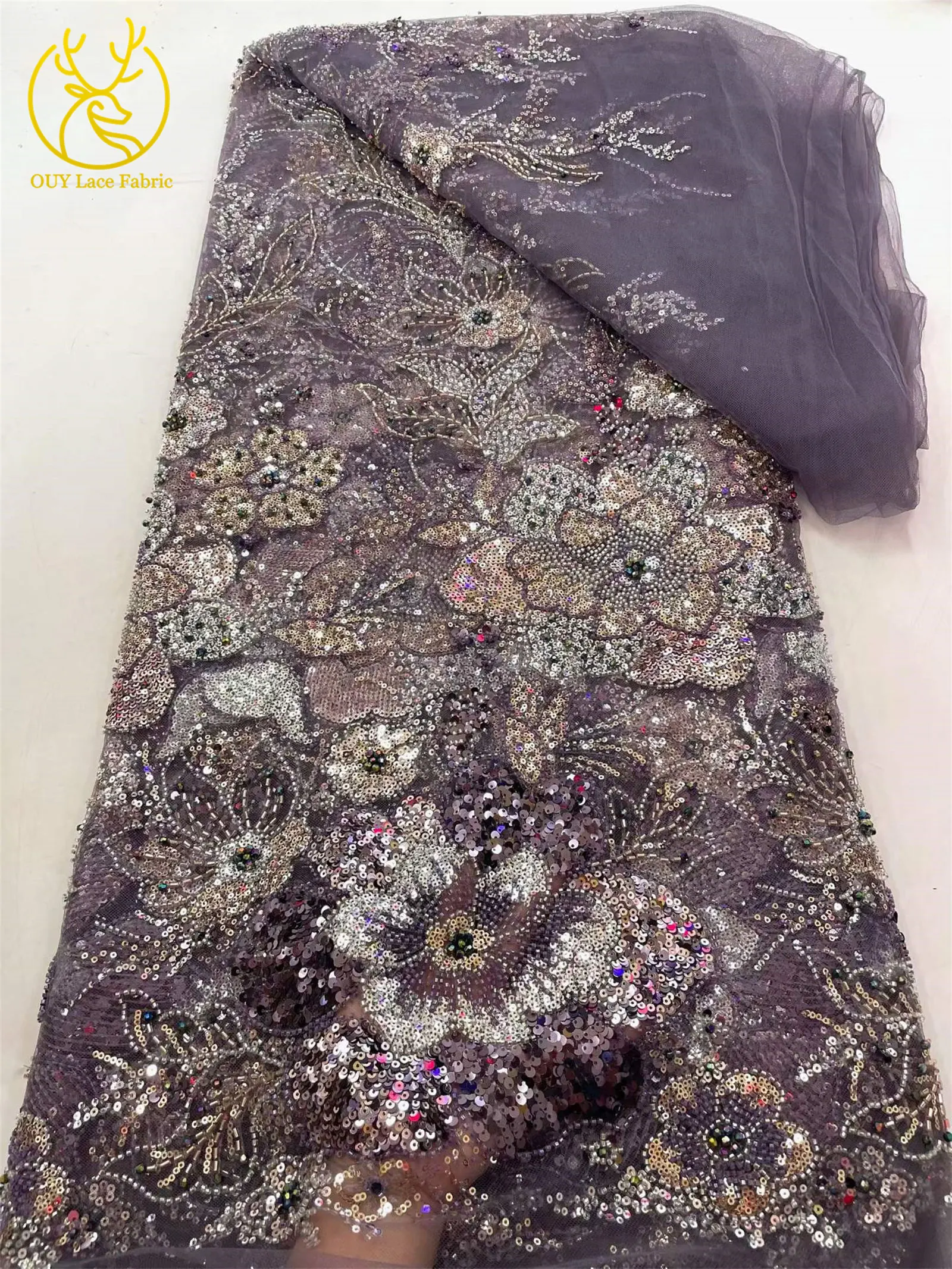 Afrikanischer Brautkleid-Stoff mit Stickerei und Perlen, hochwertiger nigerianischer französischer Pailletten-Tüll-Mesh-Spitzenstoff für Brautkleider – Detail 14