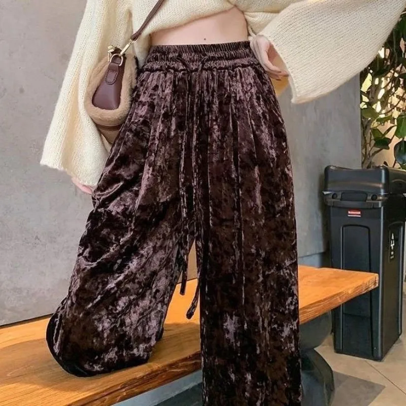 Trendy Wide Leg Pants Women Clothing Autumn Winter Gold Diamond Velvet Fabric Harajuku Straight Trouser Elastic High Waist Pants
