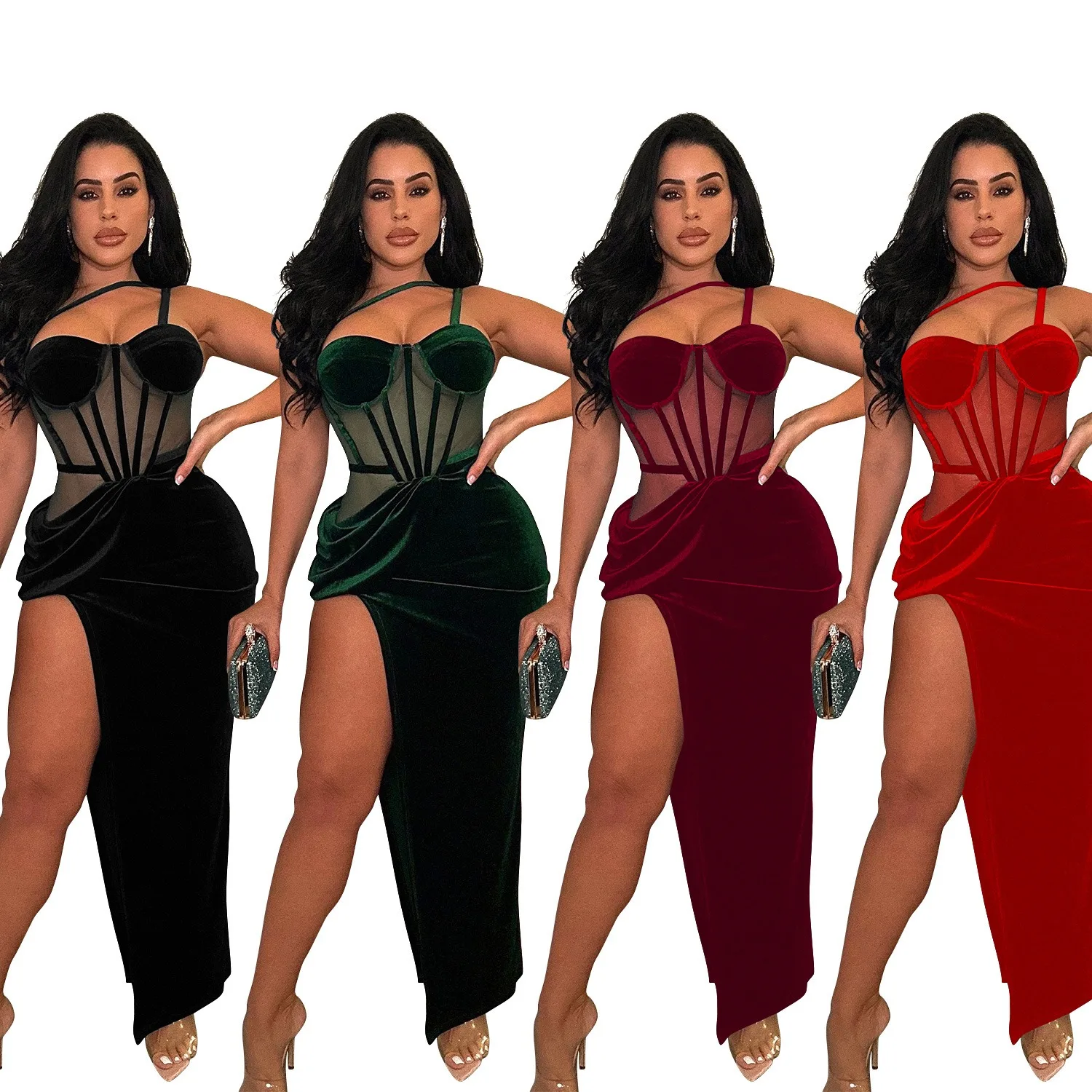 

Sexy Nightclub Party Dance Gathering Club Banquet Solid-Color Mesh Strapless Slit Long Dress