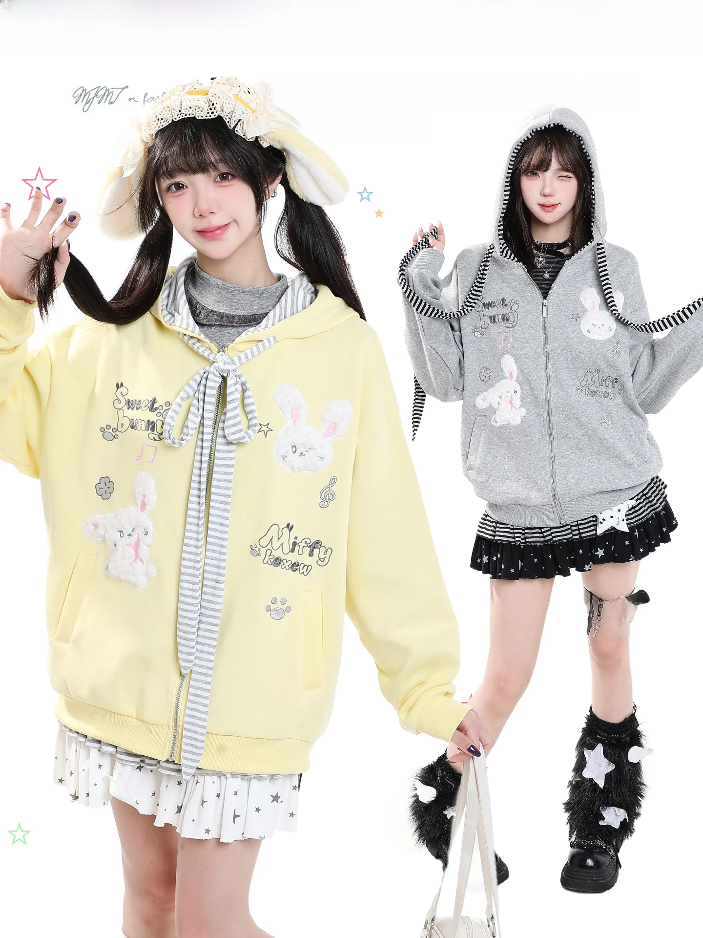 Sweet Girl Cartoon Stripe Rabbit Hoodie Zipper Loose Slimming Cardigan Jacket Women's Autumn Color Collision Sweatshirt