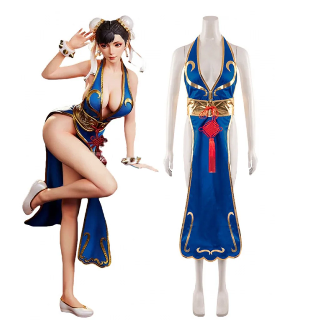 Gry Chun Li Cosplay kostiumy Sutorito Faita niebieskie suknia w stylu qipao kobiety seksowne body nakrycie głowy na Halloween karnawał odzież