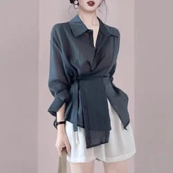 Elegant Loose Long Sleeve Women Blouse Fashion Irregular Slim Waist Belt Shirt Casual Button Women Tops Streetwear Blusas 15674