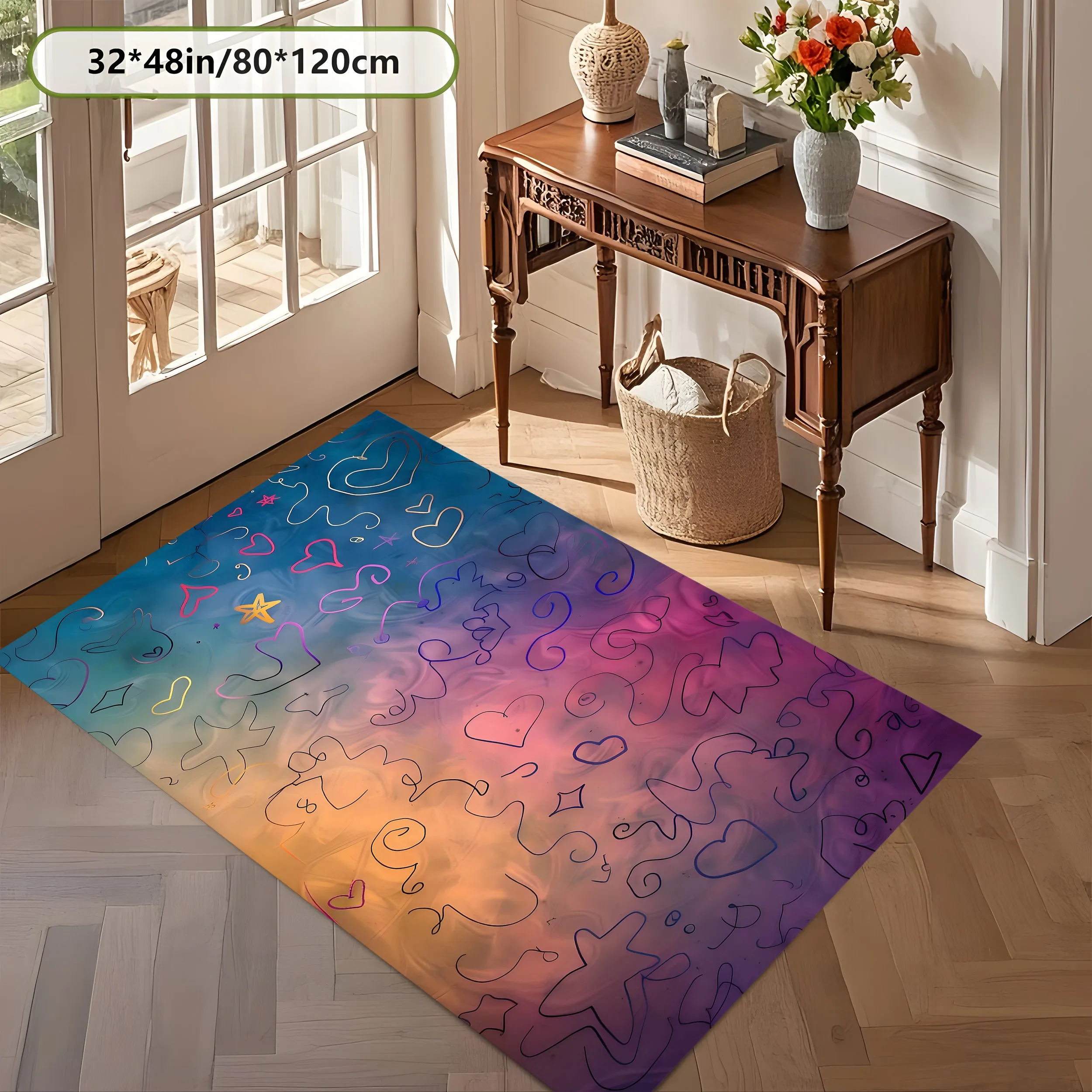 Large Area Rug Gradient Doodle Hearts Stars Line Pattern Soft Velvet Living Room Bedroom Home Decor Area Rug