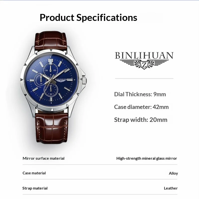 Men Chronograph Quartz Watch, Blue Dial Brown Leather Strap Waterproof Business Wristwatch for Male view 5