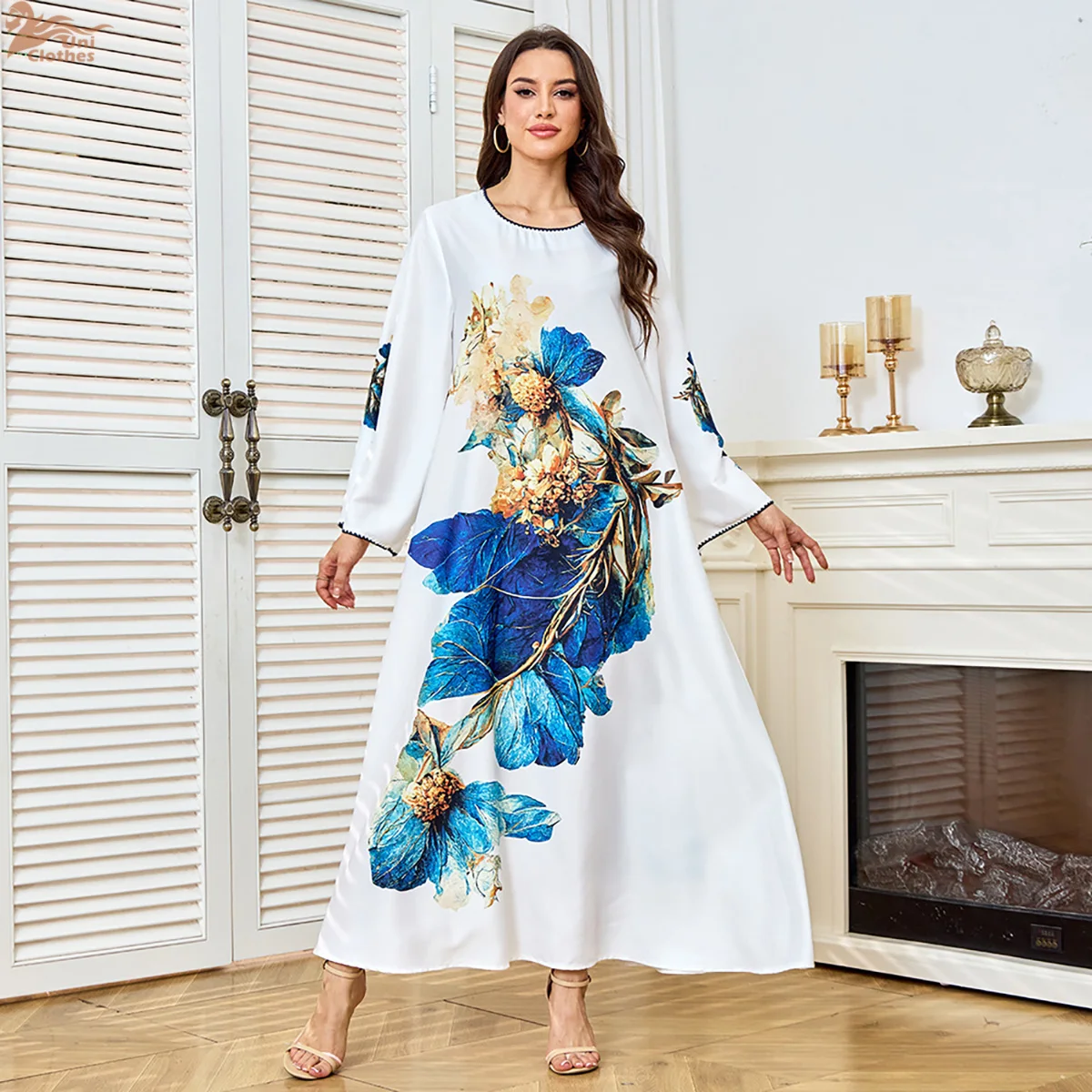 

Мусульманское элегантное платье-абайя Uni Fashion с круглым вырезом и цветочным принтом, в стиле Дубай/Марокко, женская одежда 2026