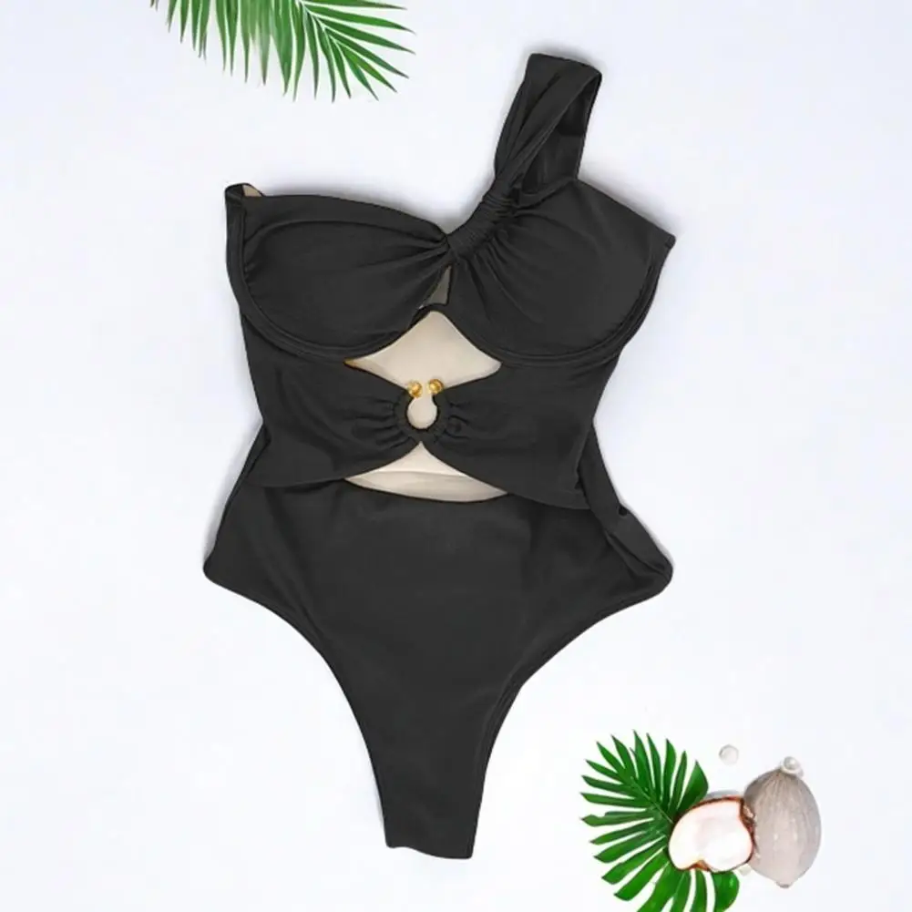 ชุดว่ายน้ําชิ้นเดียวมีสไตล์ชุดว่ายน้ํา Monokini ไหล่เดียวพร้อมหัวเข็มขัดโลหะเบาะเหล็กสนับสนุนรูปตัว S เซ็กซี่สําหรับผู้หญิง