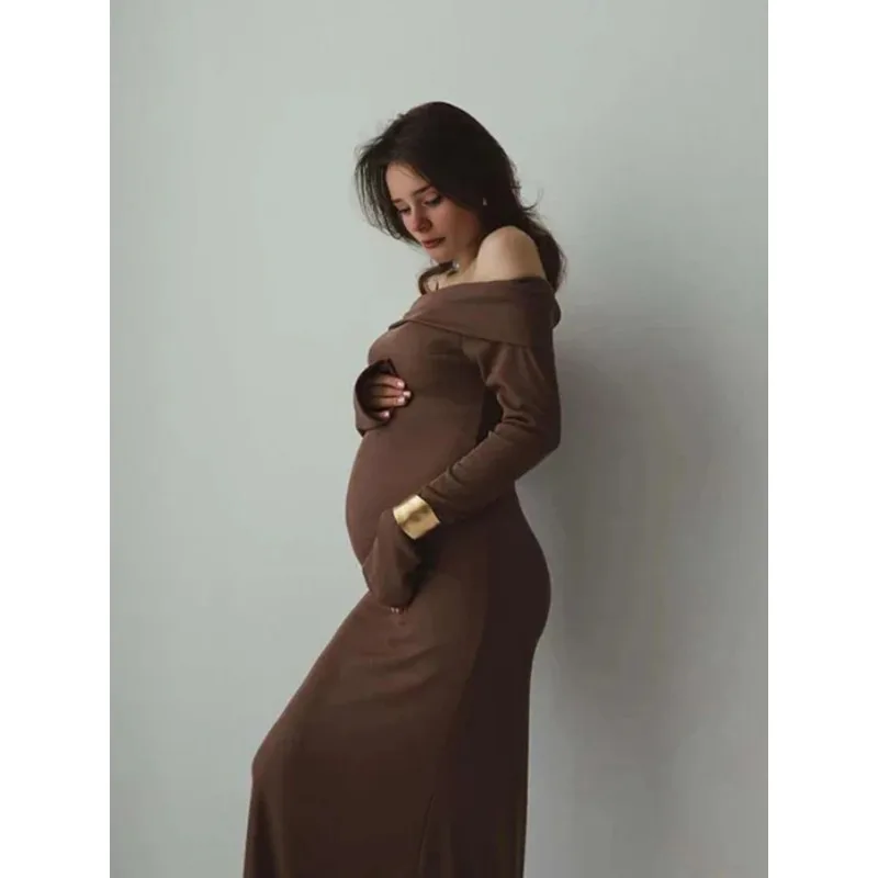 Pregnancy Photoshoot Maternity Photography Dresses Off Shoulder Knit Dress White Slim Fit Pregnancy Studio Photoshoot Outfit view 5
