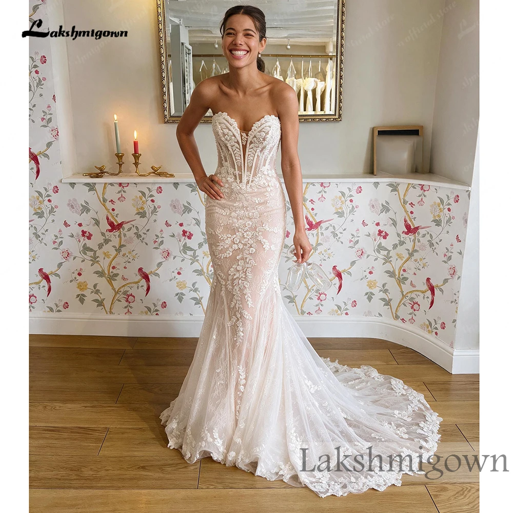 Lakshmigown Meerjungfrauen-Brautkleid mit Herzausschnitt, Illusionseffekt, Perlenstickerei, Spitzenapplikationen, Korsettrücken, Kathedralenschleppe, Maßanfertigung – Detail 5