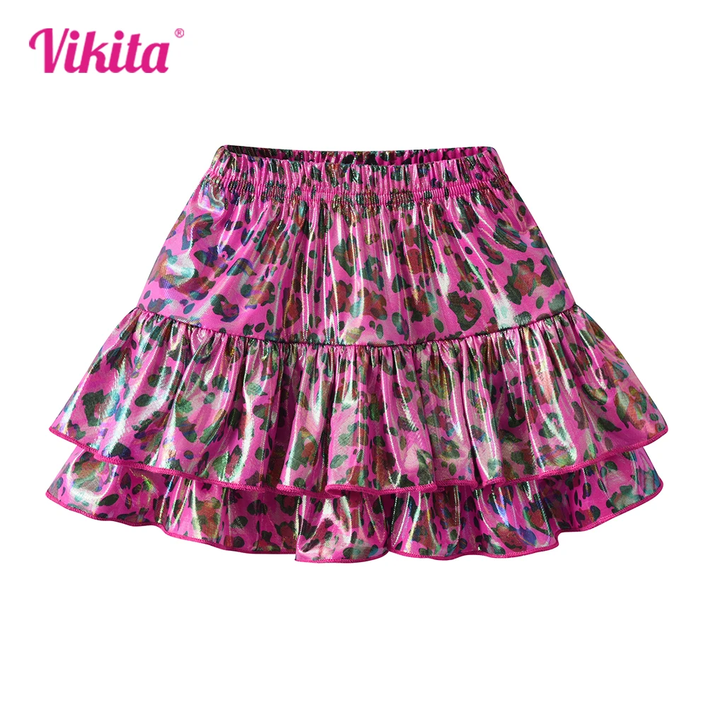 VIKITA Kids Leopard Print Skirt Girls Rose Red Shiny Tiered Ruffle Elastic Dance Ballet Party Performance Fashion Mini Skirts