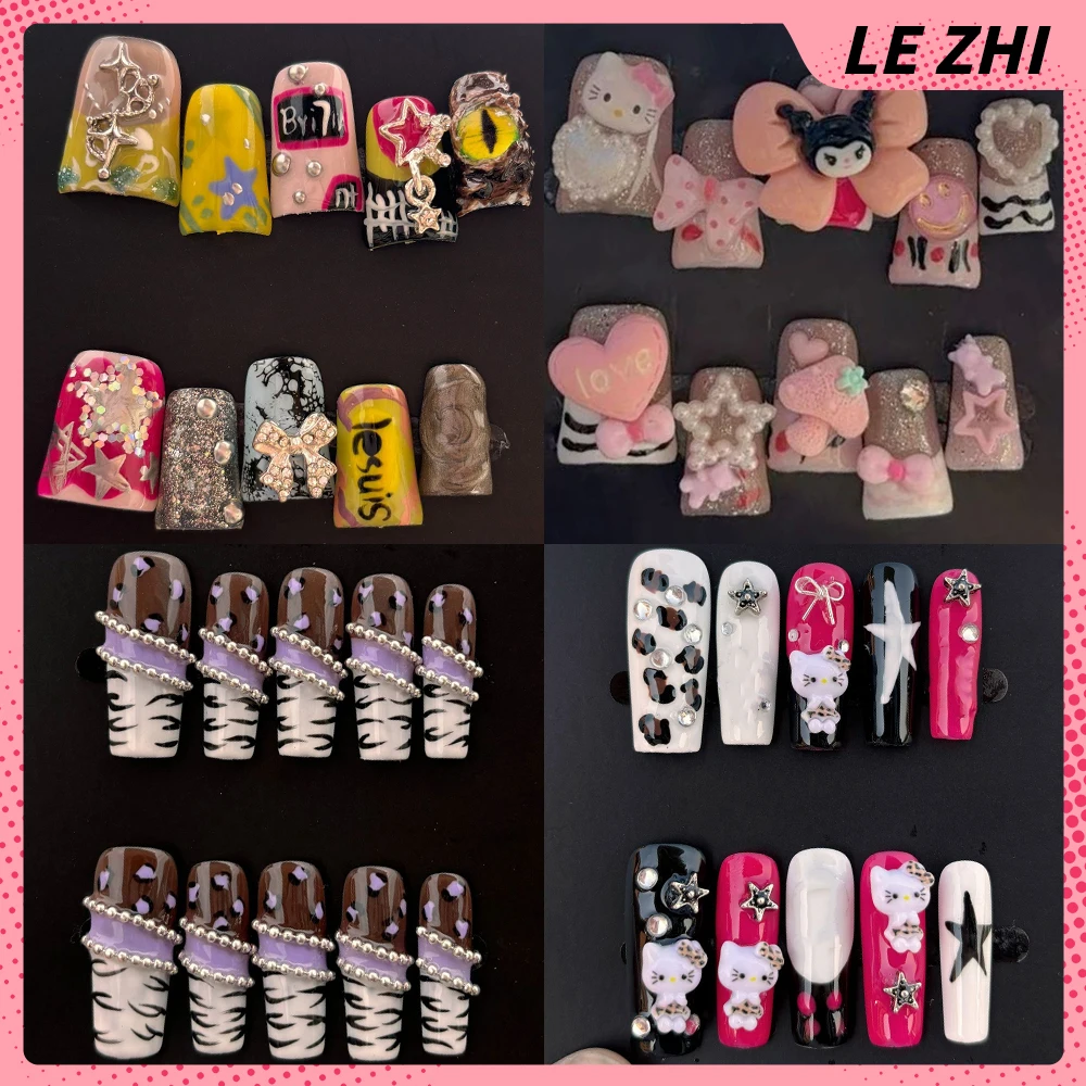 

Y2K Handmade Hello Kitty Kuromi Duckbill Long Coffin Press On Nail Shining Diamond Five-Pointed Star Stripes Nail Party Sticker