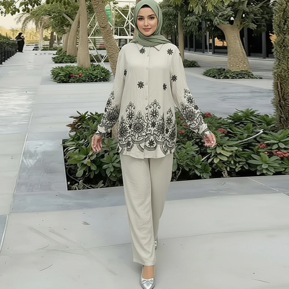 2-teilige Islamische Kleidungssets für Frauen Saudi-Arabien Dubai Bescheidenes Outfit Türkei Besticktes Oberteil und Hosen-Anzüge Muslimischer Trainingsanzug
