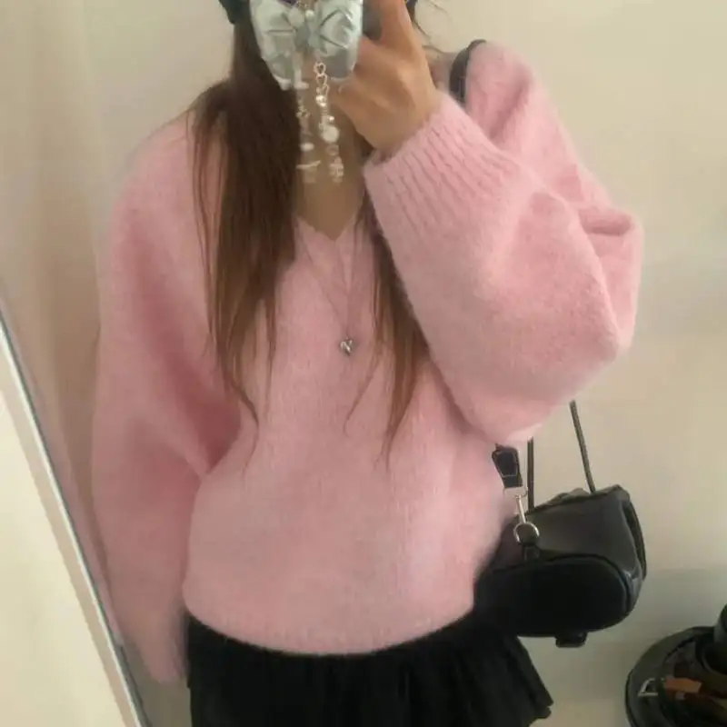 

Chic Autumn Winter Thiened Knitted Sweater Women's V-Ne Loose Casual Overhead Soft Warm Faionable Retro Sle