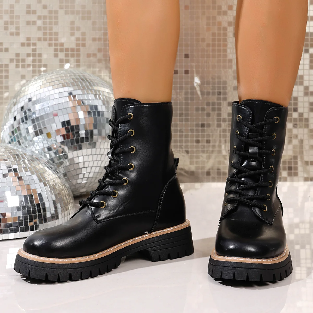 Fashion Chunky Platform Black Ankle Boots Women's Plus Size Lace Up Short Booties Woman 2026 Autumn Pu Leather Motorcycle Boots