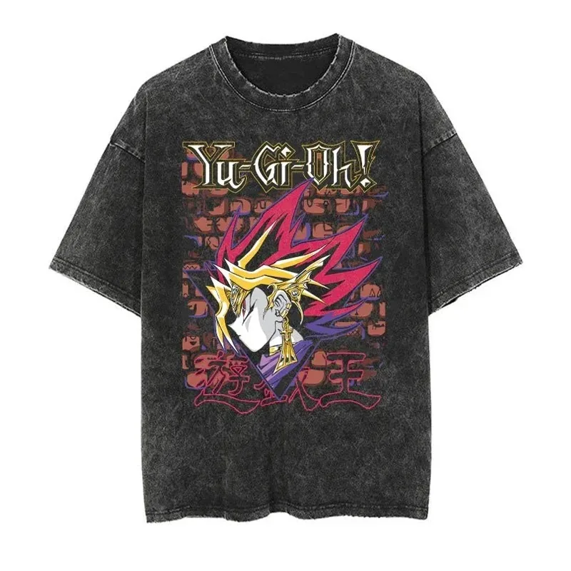 Summer Men Washed T Shirt Hip Hop Streetwear Japanese Cartoon Anime Yu Gi Oh Graphic Vintage T-Shirt Harajuku Short Sleeve Tee