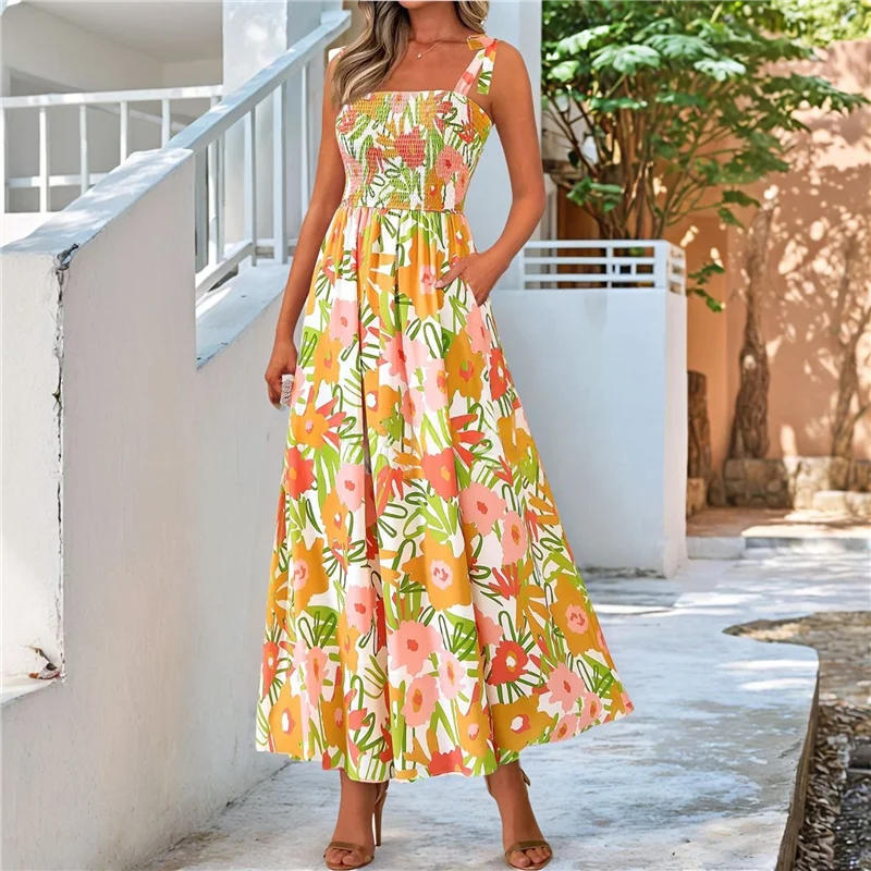ABRT-robe longue smockée sans manches pour femmes, style Boho, bretelles Spaghetti, ligne A, robe de plage fluide, été