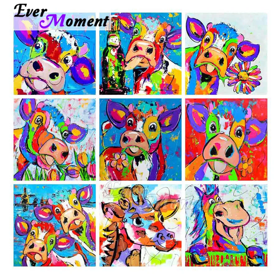 

Алмазная картина Ever Moment, красочная корова, свинья, цветок, картина со стразами, вышивка 5D DIY, полная квадратная круглая дрель ASF1997