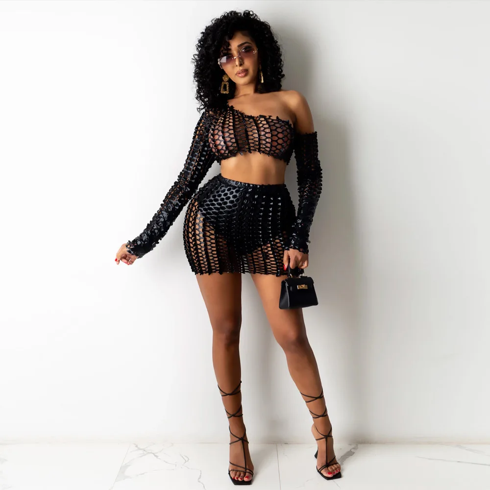 

Women's Sexy Bodycon Long Sleeved Diagonal Neckline Hollowed Out Mesh Short Skirt Set, Nightclub Party Club Y2k Two-piece Set