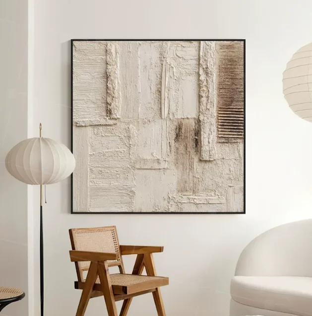 #Handmade Modern Abstract Canvas Wall Art Beige Watercolor Design for Home Decor and Hotel-Elegant Plaster Sculpture