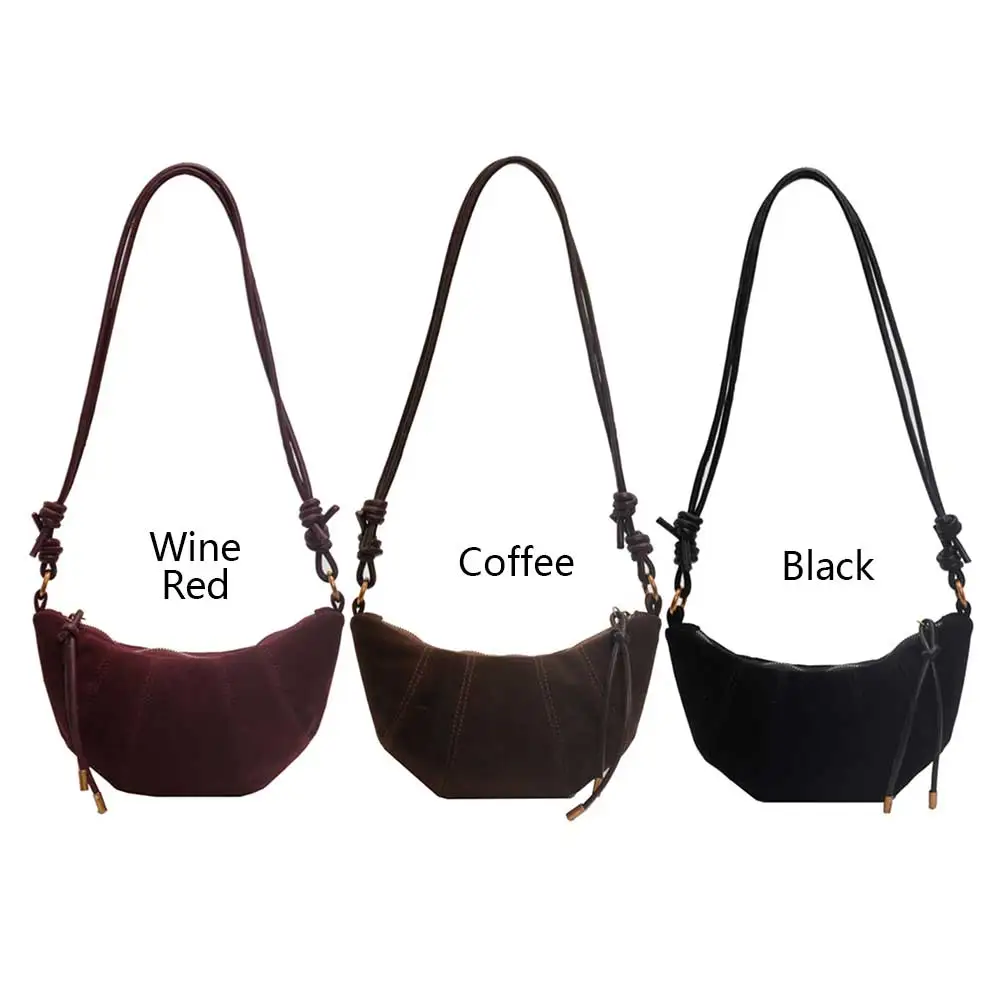 Tas Bahu untuk Wanita dengan Saku Dalam Tas Crescent Tas Selempang Ritsleting Kulit PU Tas Croissant Solid untuk Perjalanan Kerja