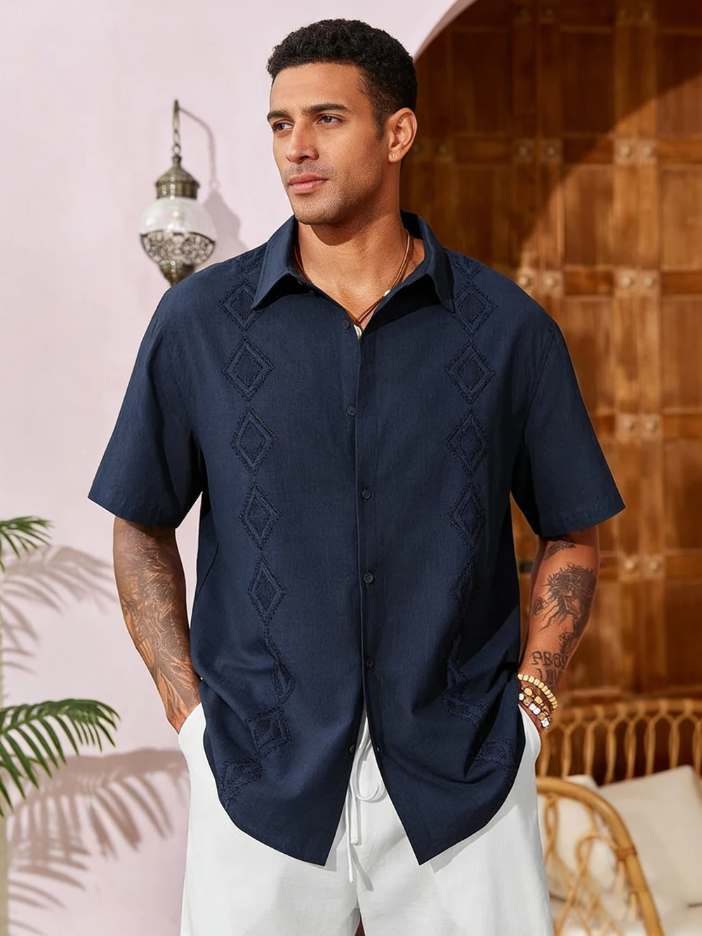 

2026Men's summer cool retro striped short-sleeved shirt natural light color printed shirt men Hawaiian vacation outdoor tops men