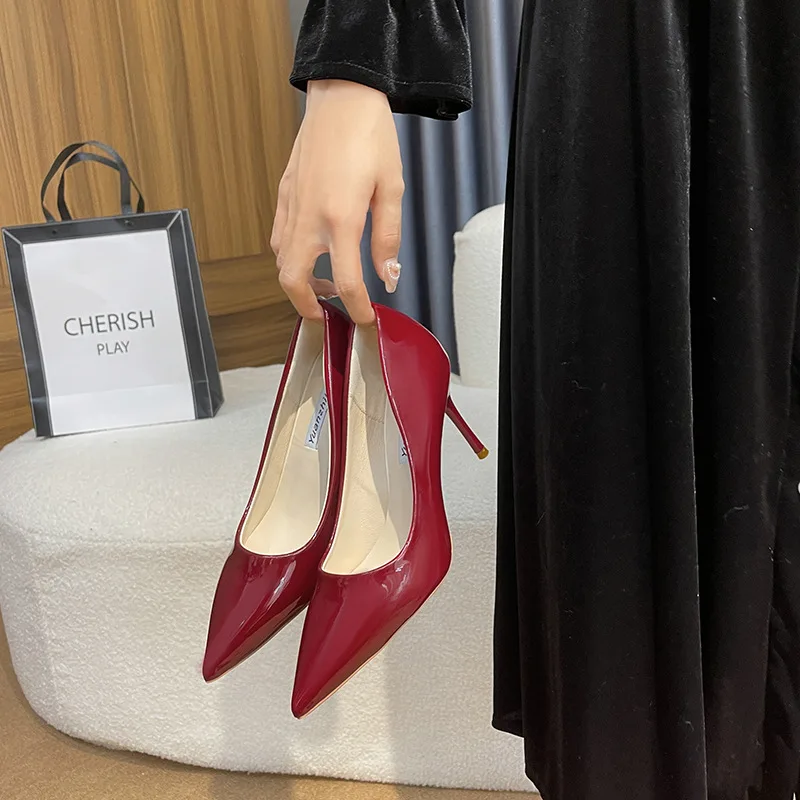 2024 New Women Sexy Red Stiletto Fashion Design Sense Lacquer Leather Thin Heel Sandals Ladies Pointed Naked Color High Heels