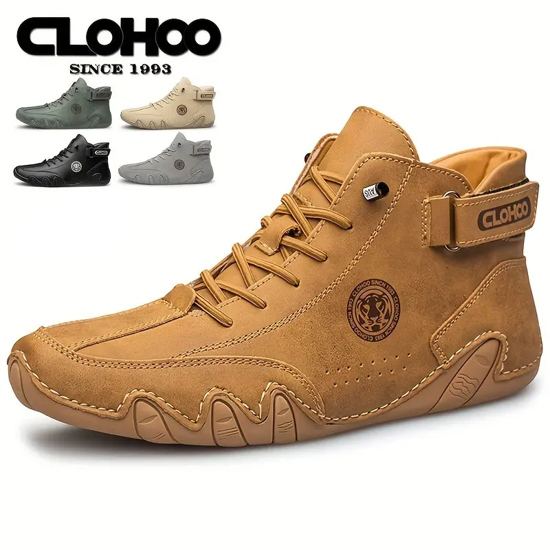 

CLOHOO Men Casual Leather Flat High Top Men's PU Leather Shoes Soft Soles Comfortable British Men's Shoes