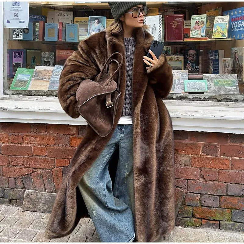 Luxury Faux Fur Maxi Coat Chic Open Front Stand‑collar Long Sleeve Oversized Outerwear Winter Women Fashion Autumn Warm 2026 New
