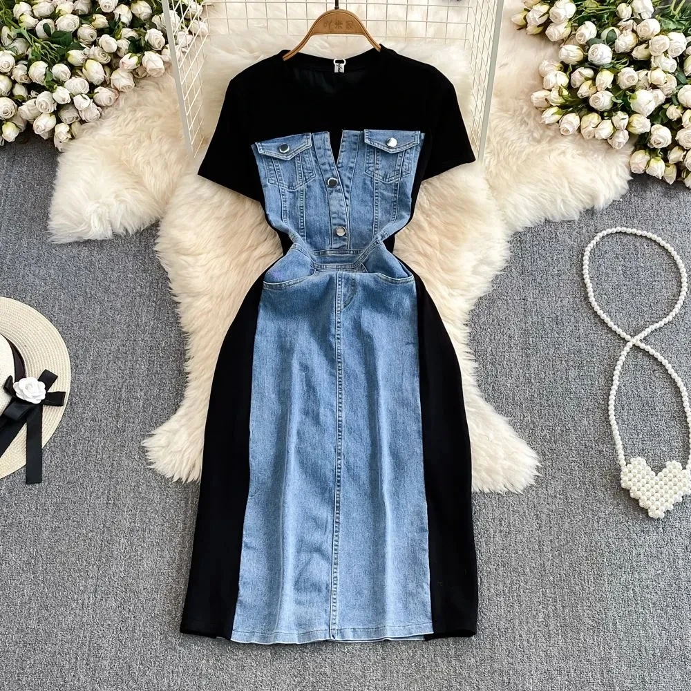 Korean Style Socialite Elegant Short Sleeve Round Neck Slimming Denim Patchwork A- line Casual T-shirt Dress