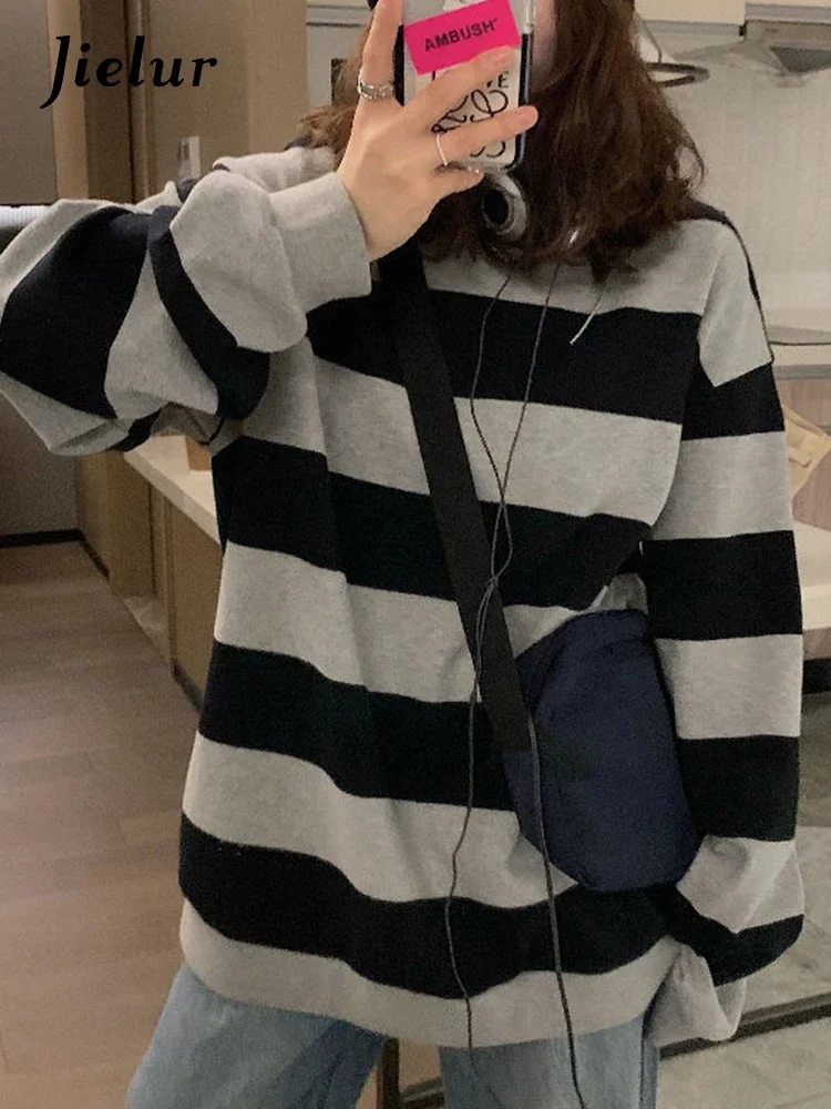 

Jielur Harajuku Autumn Korean Women Sweatshirt Casual Spell Color Black Gray Stripe Thin Hoodies Fashion Pullover Top Female