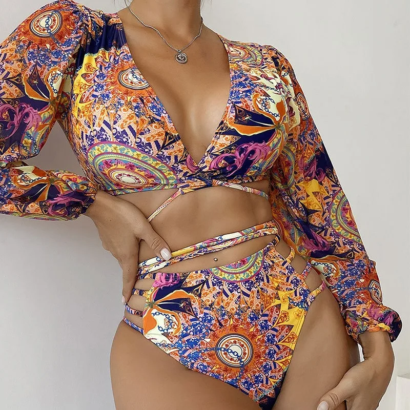 

New fashion sexy deep-cut bikini swimwearVPrinted three-piece strap bikini for women