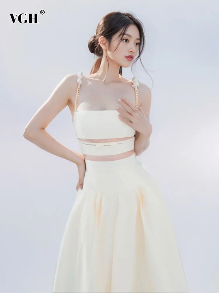 

VGH Solid Two Piece Set For Women Strapless Backless Spliced Pearls Tops High Waist A Line Long Skirts Elegant Sets Female New