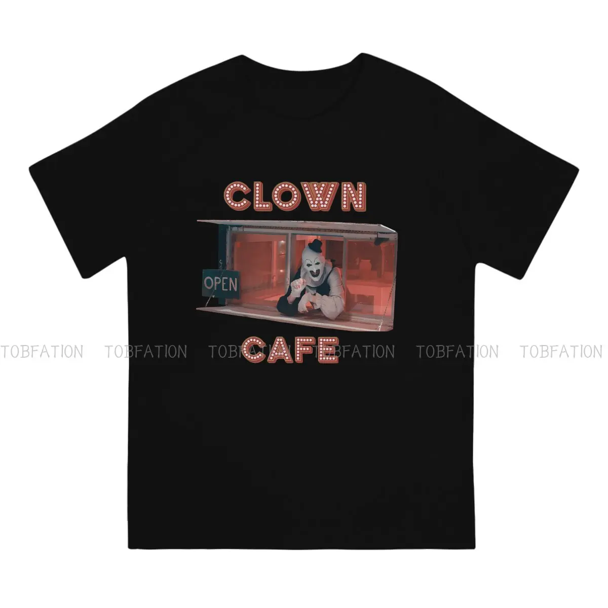 Terrifier Horror Films Newest TShirt for Men Clown Cafe Round Neck Pure Cotton T Shirt Personalize Gift Clothes OutdoorWear