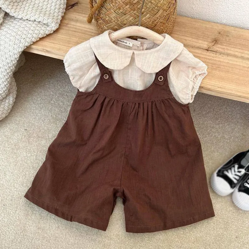 

Kids Girls Jumpsuits Clothing Set Summer Lapel Collar Tops And Button Straps Overalls Strap Romper Toddler Girl Clothes Set