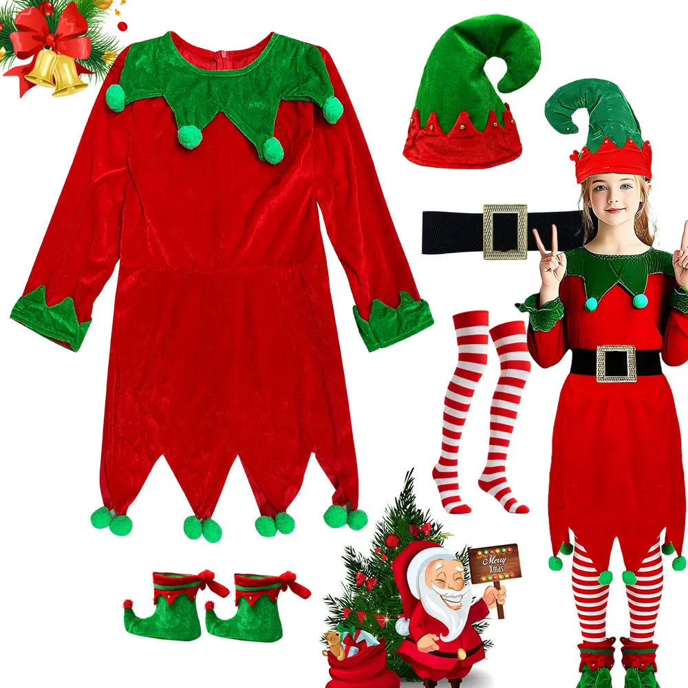 

Christmas Role Playing Elf Dress up Set with Hat Belt Stockings Girls Santa Claus Costume Xmas Party Apparel Kid New Year Outfit
