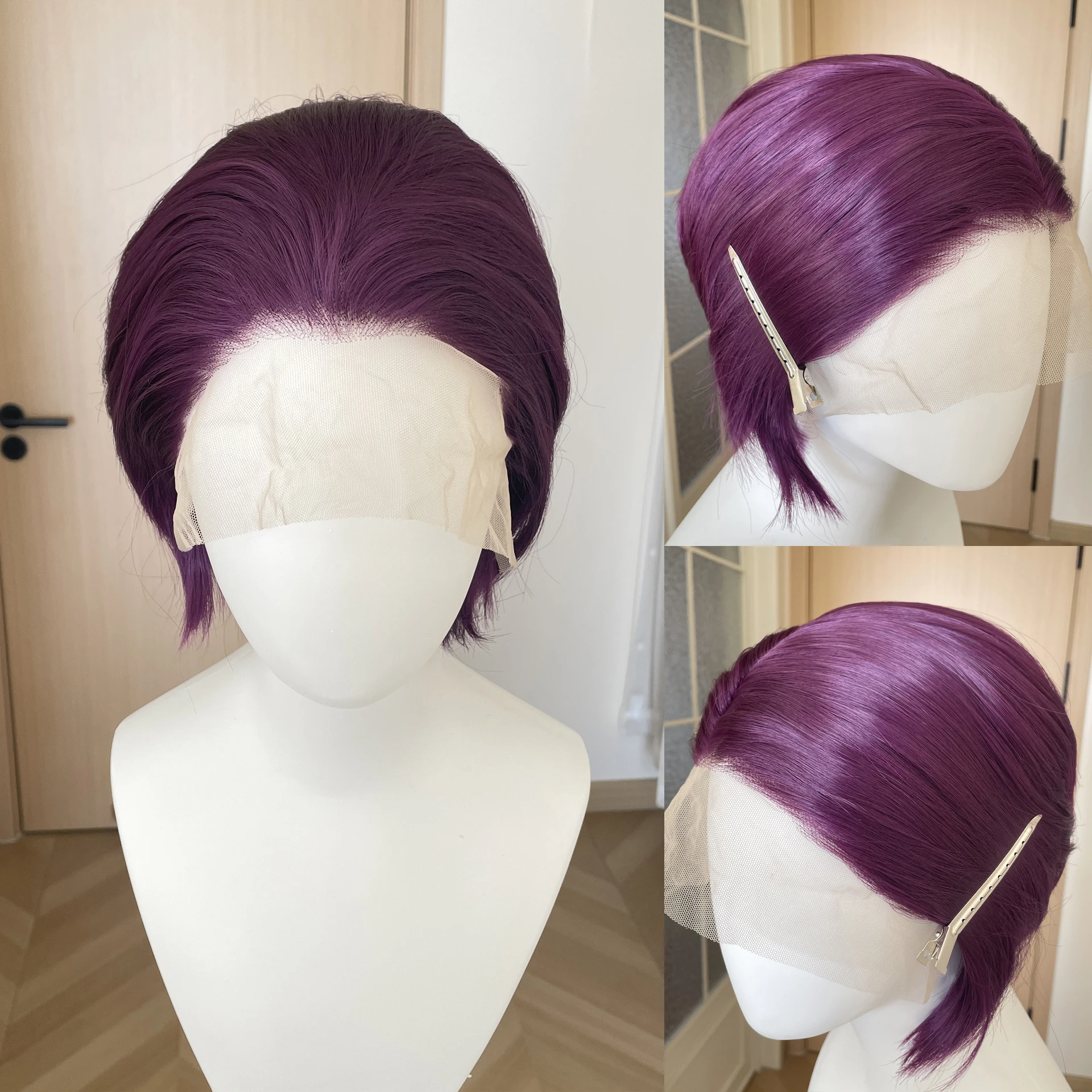 Фото Фиолетовые косплей-парики с кружевом для мужчин, короткие парики-каре 13x4 с синтетическим кружевным фронтом для женщин, термостойкие, полуручной работы, для Хэллоуина