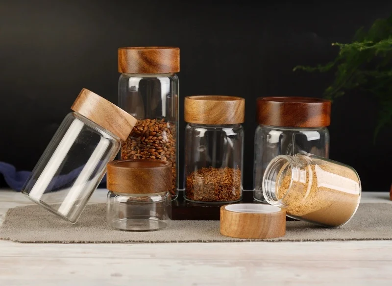 5pcs Solid Wood Lid Glass Powder Bottle, High Borosilicate Glass Storage Jar with Screw-top Seal and Threaded Mouth