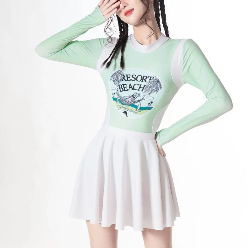 Summer Sweet Girls Bathing Suit Korean Women Green Long Sleeve One Piece Swimsuit with Beach Skirts Bikini Sets Kawaii Swimwears