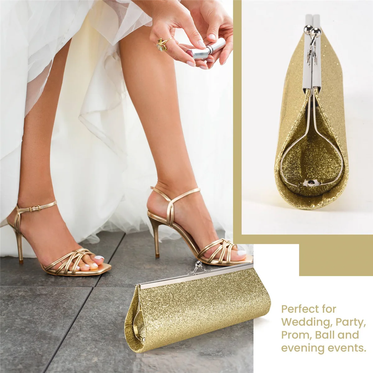 A330 Women Glitter Clutch Purse Evening Party Wedding Banquet Handbag Shoulder Bag (Gold)