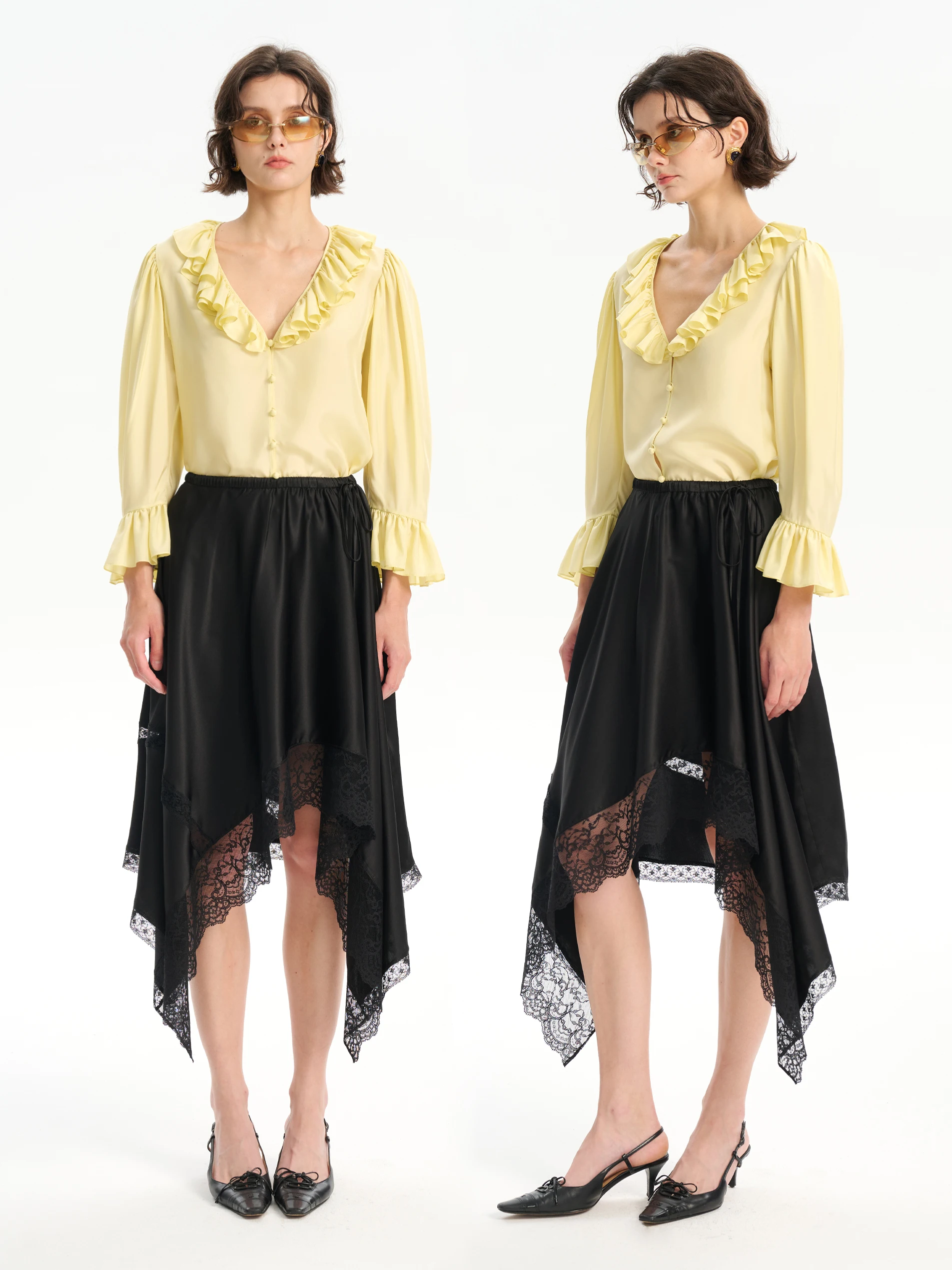 

MAIMAI Summer Lemon Elastic Waist Patchwork Lace Asymmetrical Silk Satin f Skirt Casual Outdoor Sle Student Friendly