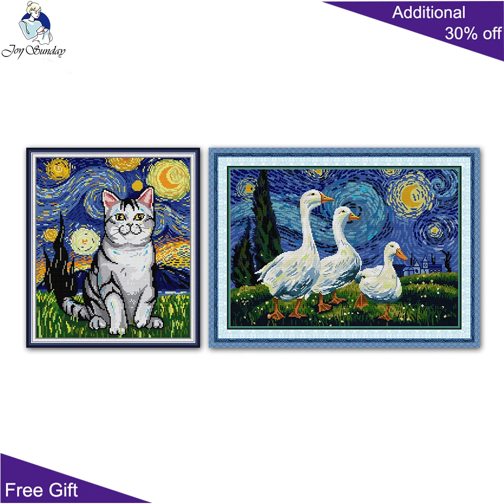 Joy Sunday Cat And Duck kit punto croce, Starry Night Cat Look At The Stars Animal Home Decor, DA658, DB022