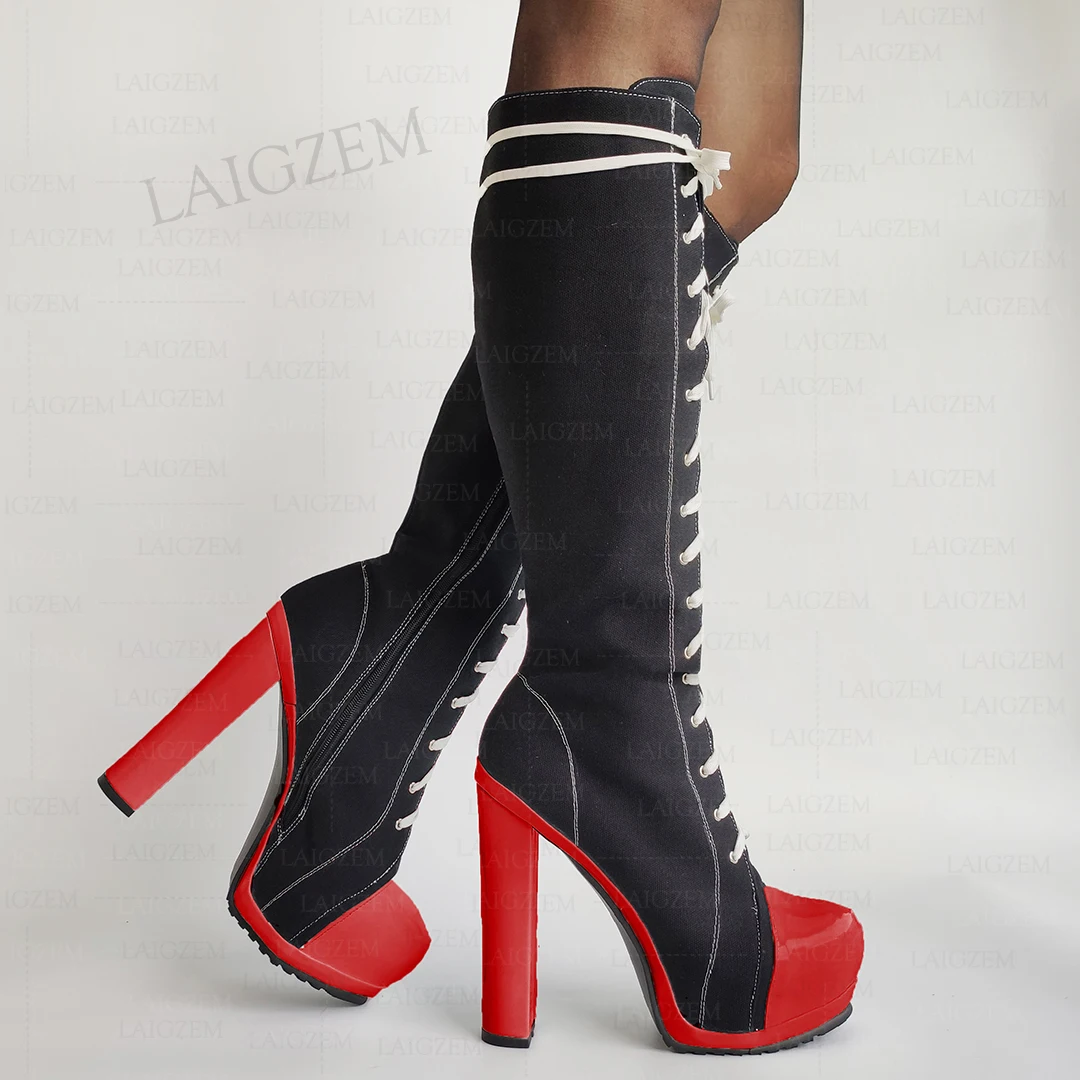 LAIGZEM Women Knee High Boots Platform Full Zipper Thick Heels Boots Wide Calf Friendly Ladies Shoes Woman Big Size 41 43 46 52