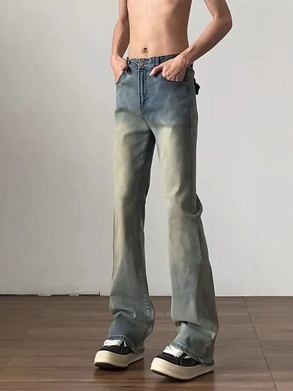 

Мужские джинсы в стиле ретро, синие, с высокой талией, зауженные, слегка расклешенные, в американском уличном стиле, повседневные