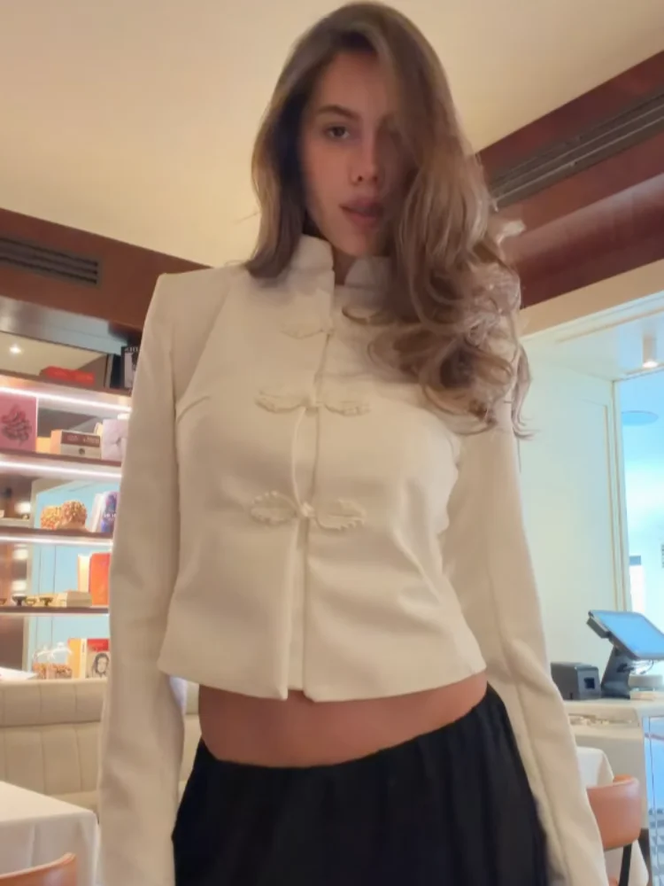 

Fashion Women Cropped Jacket Chinese Knot Buttons Stand Collar Long Sleeve Female Coat Fashion Solid High Street Lady Party 2026
