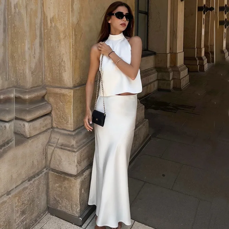 BWQ White Satin Dress Set Elegant Sleeveless Halter Top Fitted Fishtail Skirt Set Luxurious Party Evening Dress Set Women