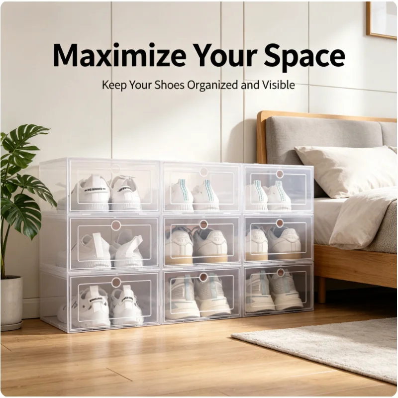 6 Pack Stackable Clear Shoe Storage Organizer Plastic Dustproof Sneaker Boxes Closet Bedroom Entryway Shoe Rack for Women