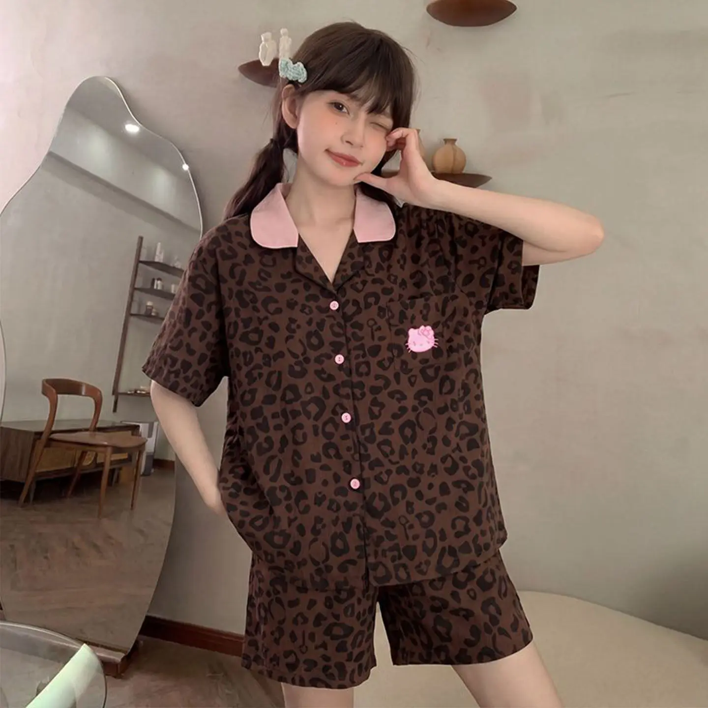 Cute Hello Kitty Women's Leopard Print Pajamas Set Summer Sleepwear Loungewear Short Sleeve Shorts Button Down Soft Kawaii Cozy view 5