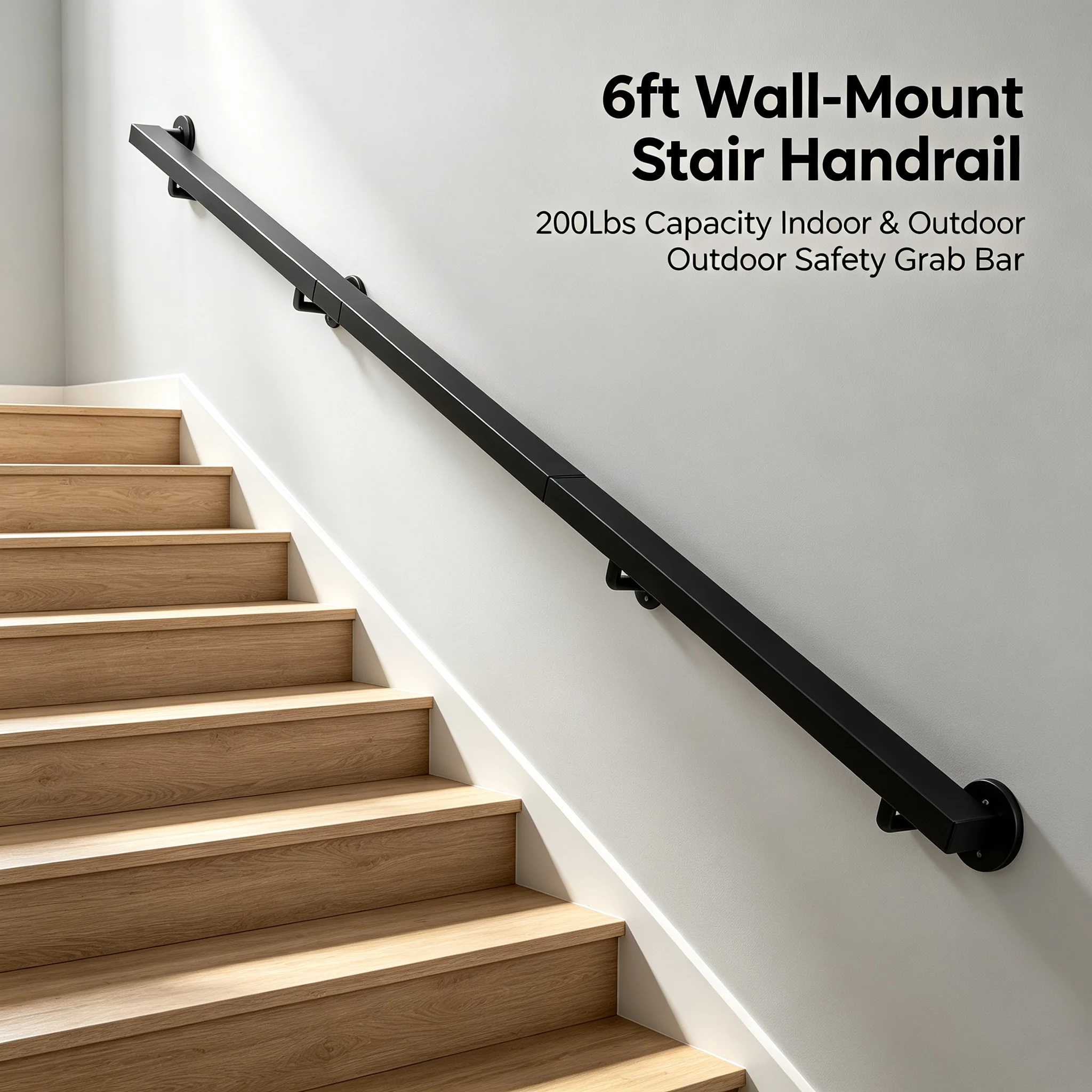 Modern Rectangle Stair Railing Kit 6ft, Professional Stainless Steel Handrail for Indoor & Outdoor Stairs, 200 lbs Capacity Wall Mount Safety Grab Bar for Home Office, Black